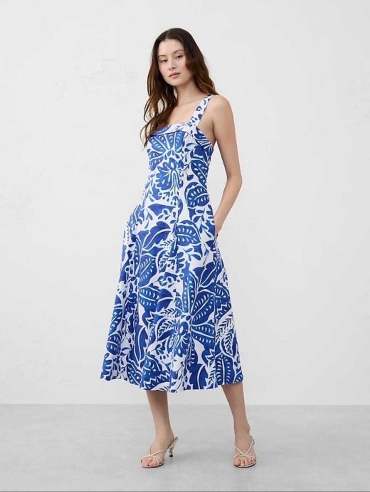 Nwt Banana Republic Poplin Cross-Back Midi Dress Blue Floral 4p 100% Cotton